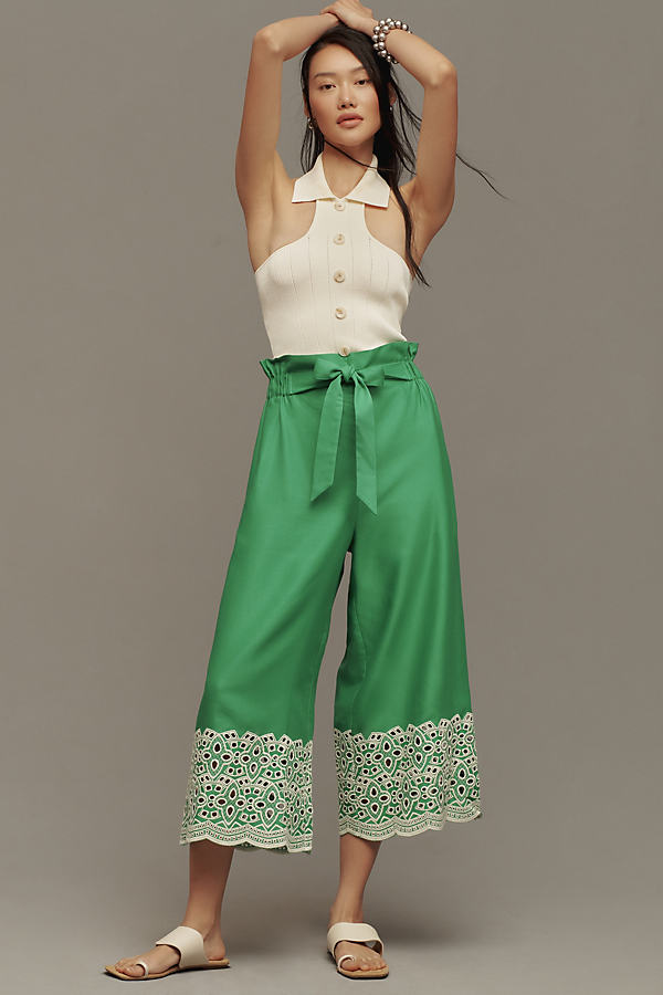 Ranna Gill Cropped Eyelet Wide-leg Pants In Green