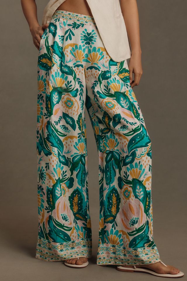 Ranna Gill Floral Wide-Leg Linen Pull-On Pants #1