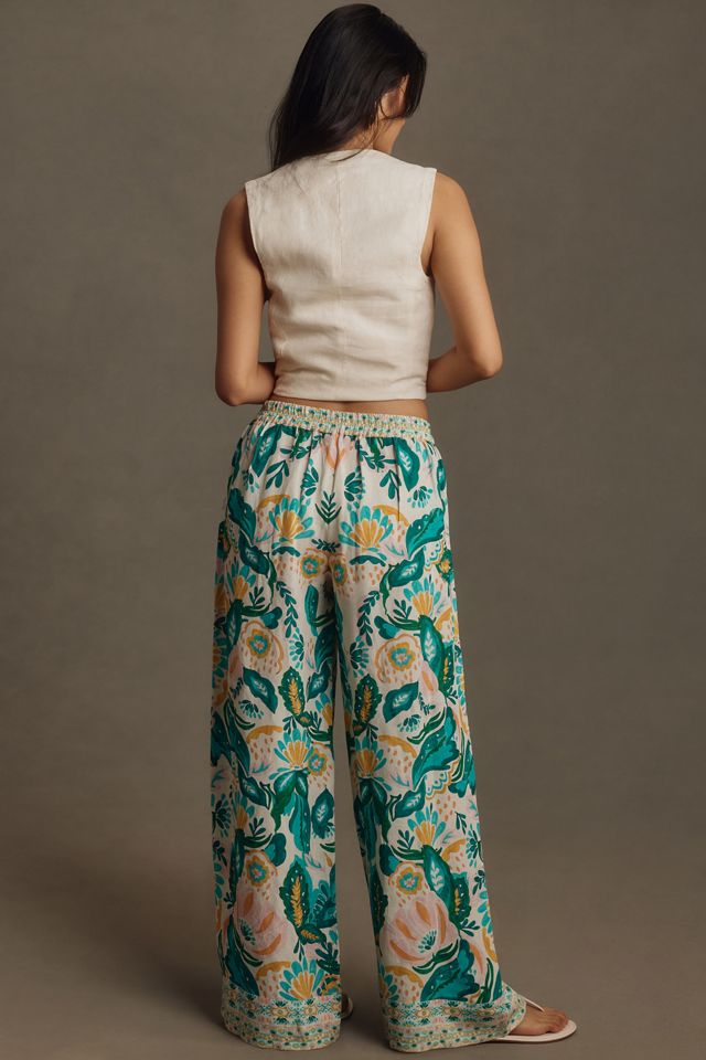 Ranna Gill Floral Wide-Leg Linen Pull-On Pants #2