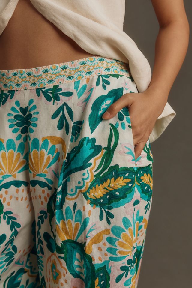 Ranna Gill Floral Wide-Leg Linen Pull-On Pants #3