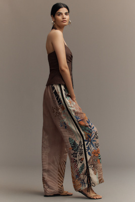Linen Blend Printed Side-Bow Wide-Leg Pants