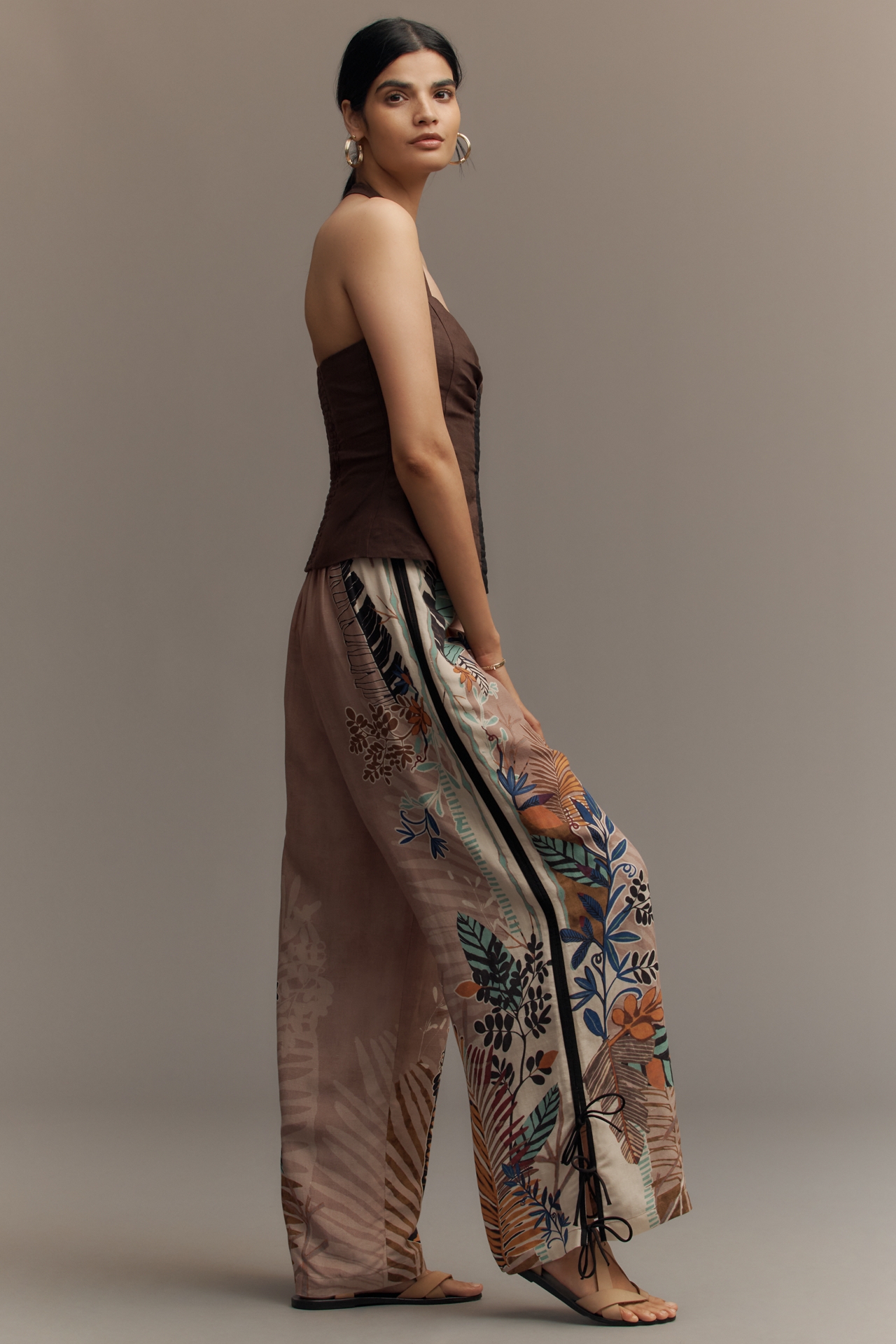 Ranna Gill Linen Blend Printed Side-Bow Wide-Leg Pants