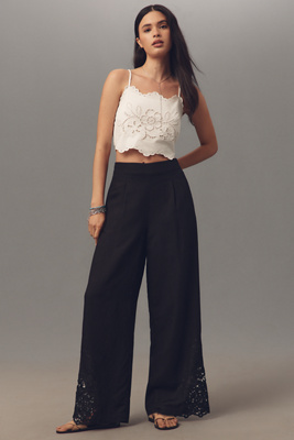 Ranna Gill Linen Blend Embroidered Wide-Leg Pants | Anthropologie