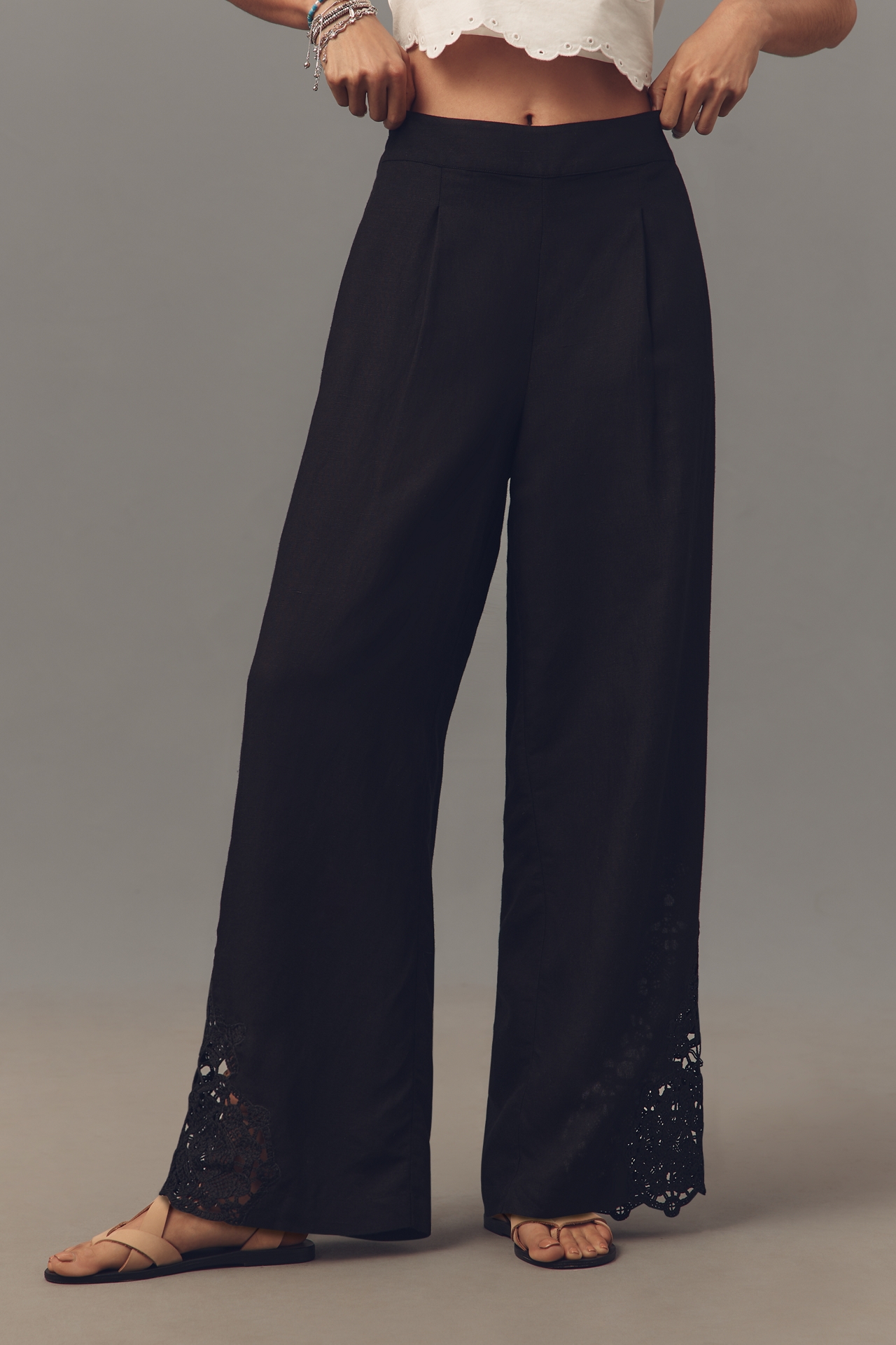 Ranna Gill Linen Blend Embroidered Wide-Leg Pants