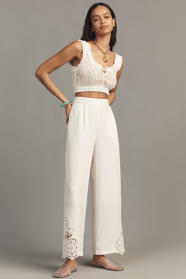 Ranna Gill Linen Blend Embroidered Wide-Leg Pants | Anthropologie