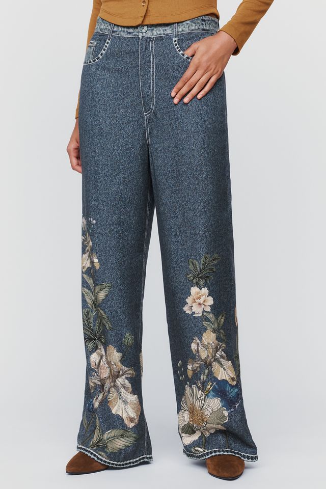 Ranna Gill Denim Floral Print Wide-Leg Pants  #1