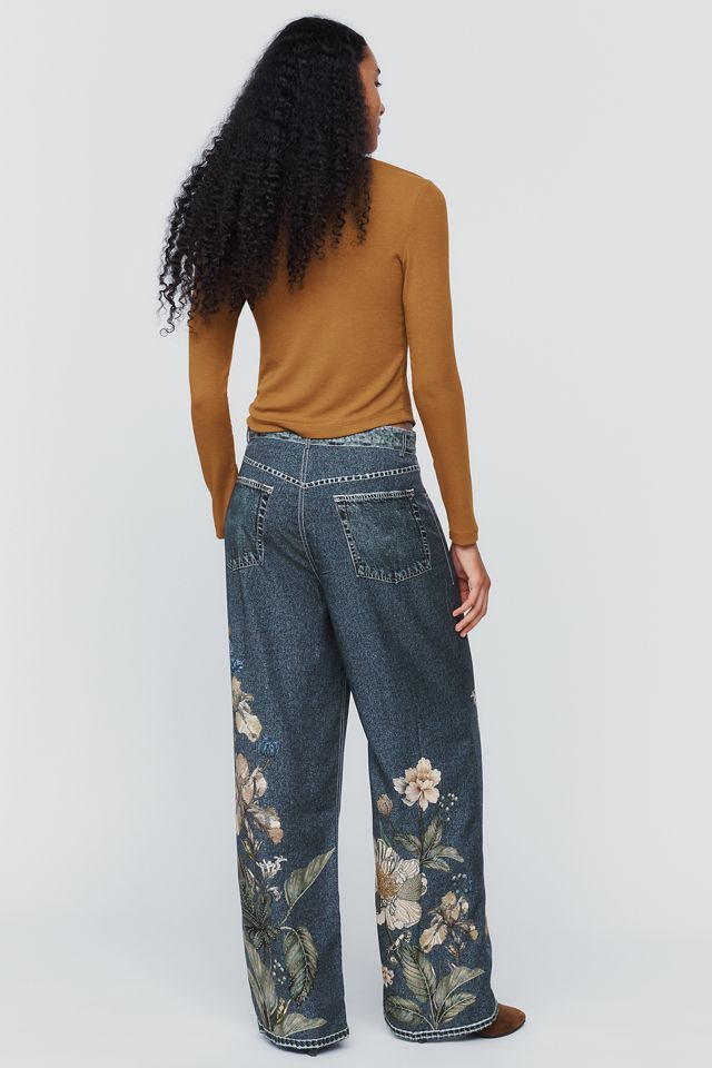 Ranna Gill Denim Floral Print Wide-Leg Pants  #2