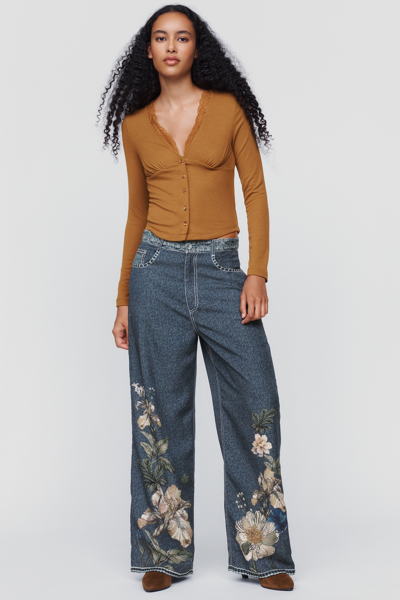 Ranna Gill Denim Floral Print Wide-Leg Pants