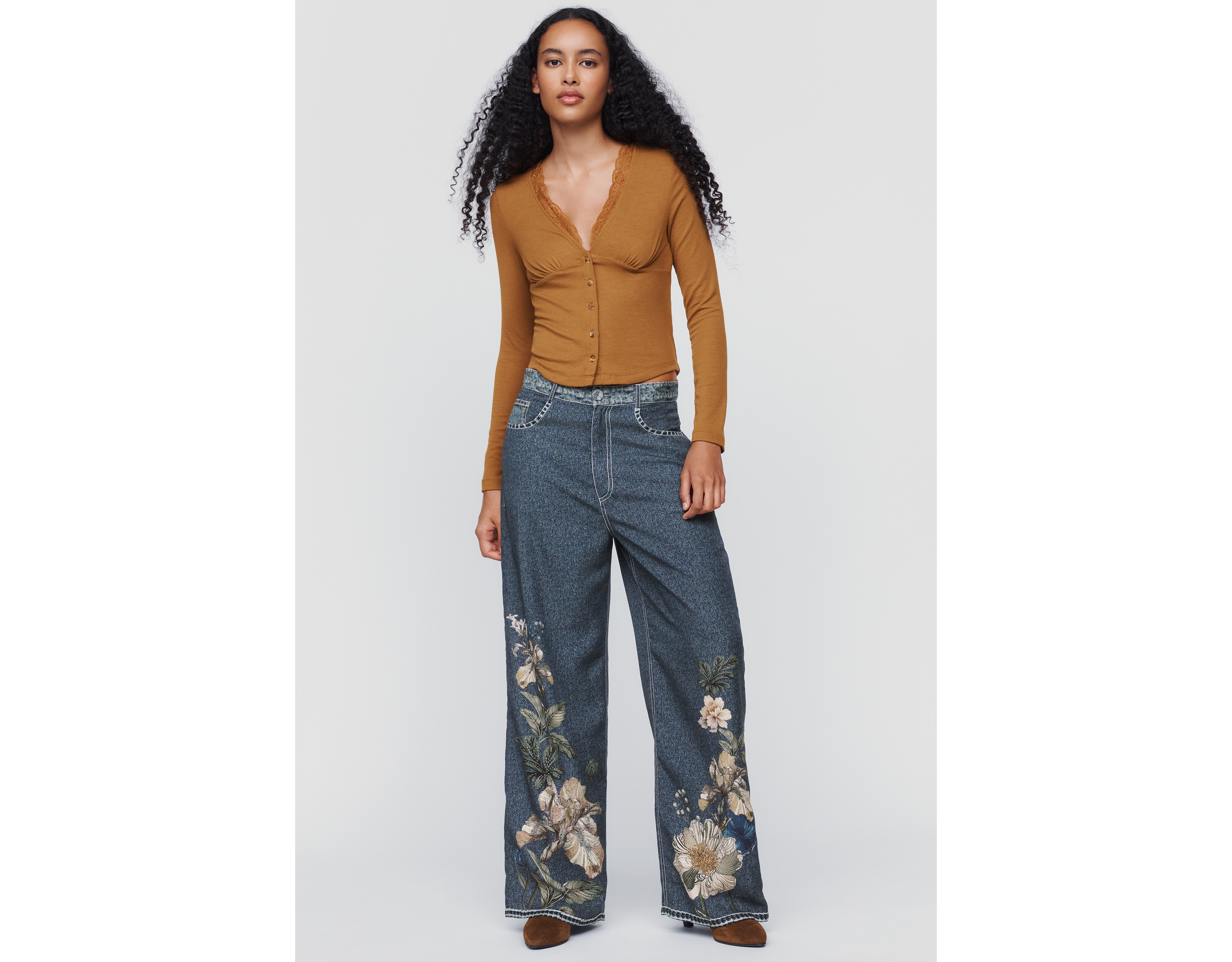 Ranna Gill Denim Floral Print Wide-Leg Pants