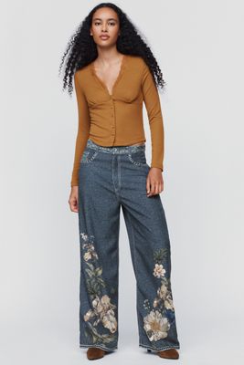 Ranna Gill Denim Floral Print Wide-Leg Pants 