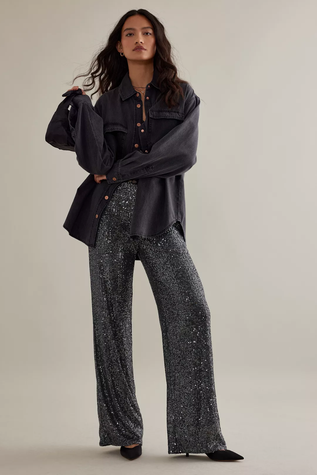 Second Female Moonshine Metallic Sequin Wide-Leg Trousers in dark grey. 100% Polyester Pull-on trousers with Side slant pockets. 
