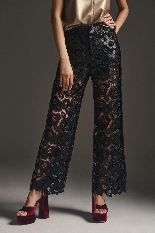 By Anthropologie Faux Leather & Lace Wide-Leg Pants #1