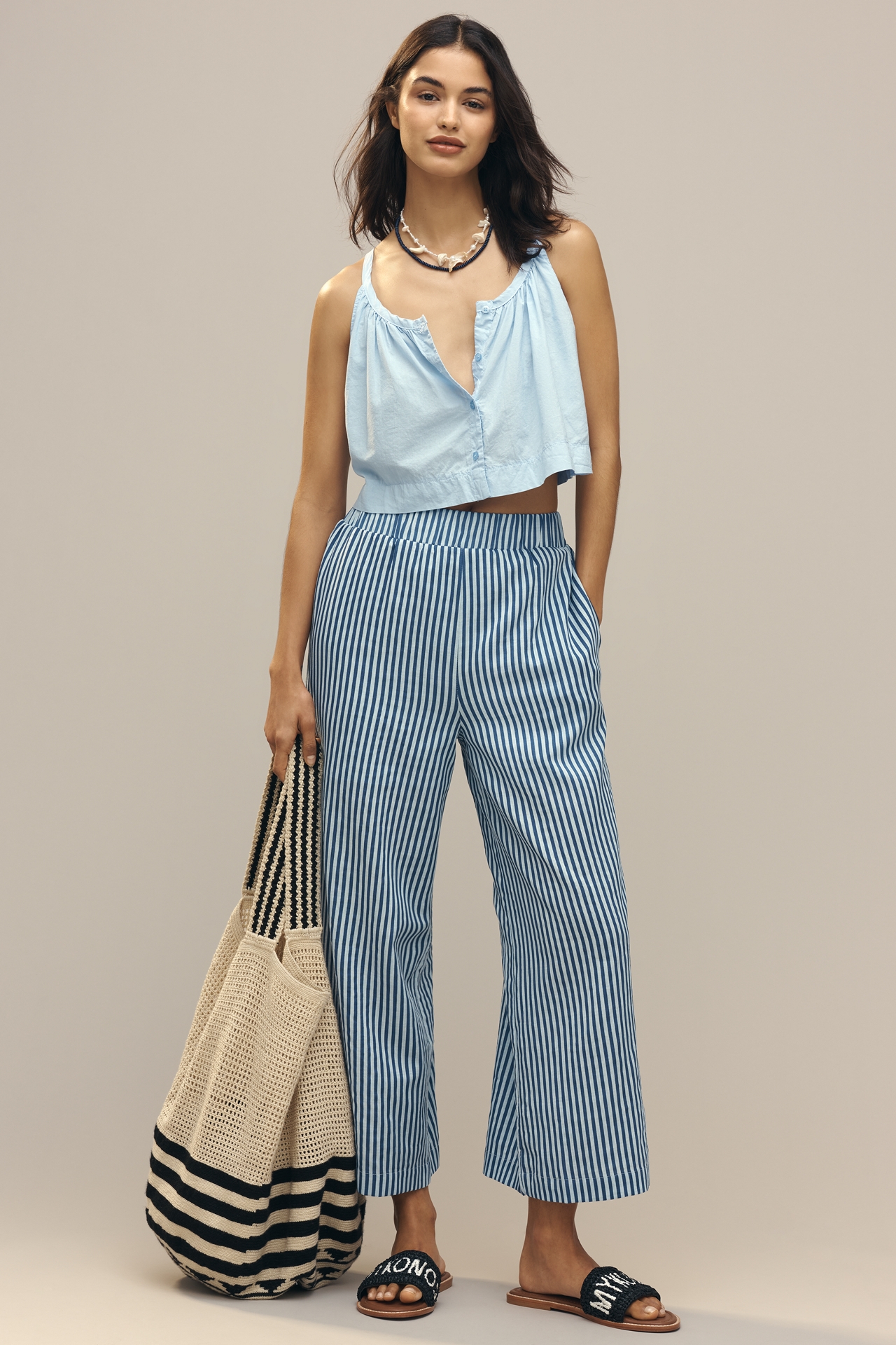 English Factory Stripe High-Rise Crop Wide-Leg Pants