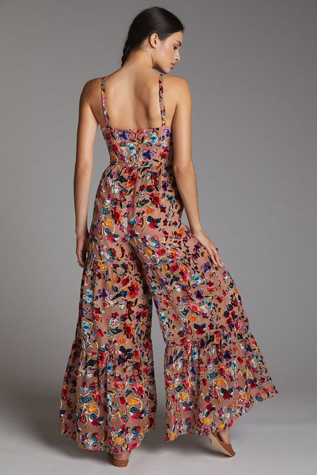 Flounced Floral Burnout Velvet Jumpsuit #2