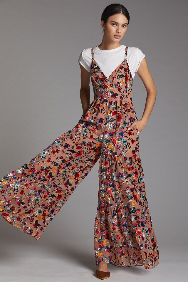 Flounced Floral Burnout Velvet Jumpsuit