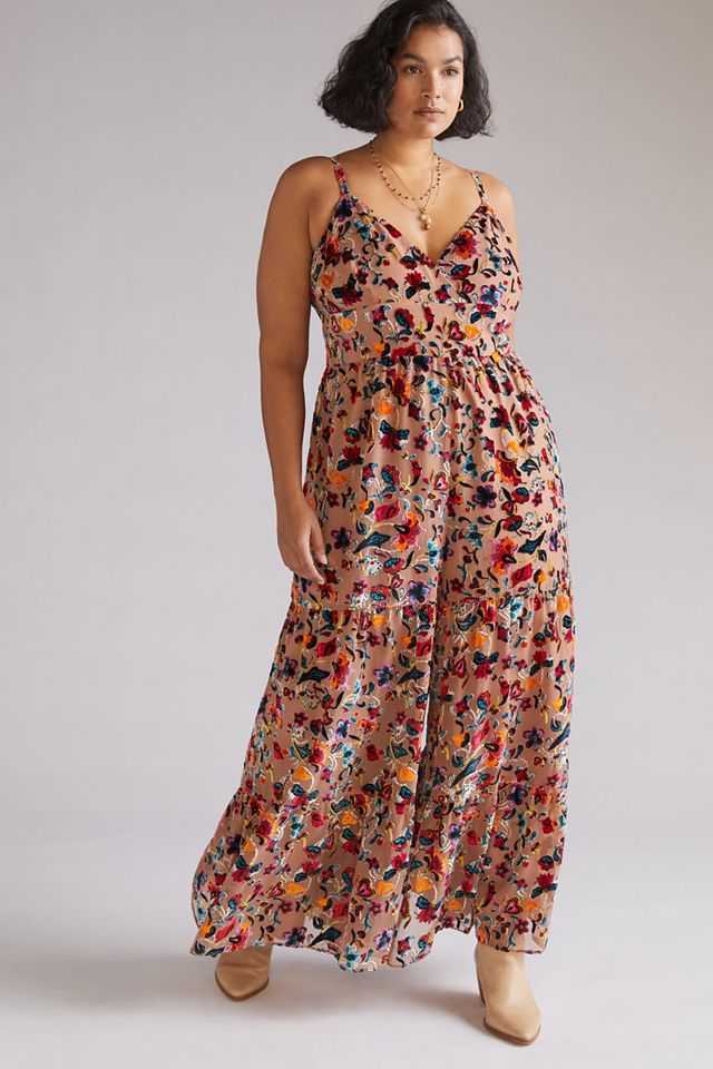 Flounced Floral Burnout Velvet Jumpsuit #6
