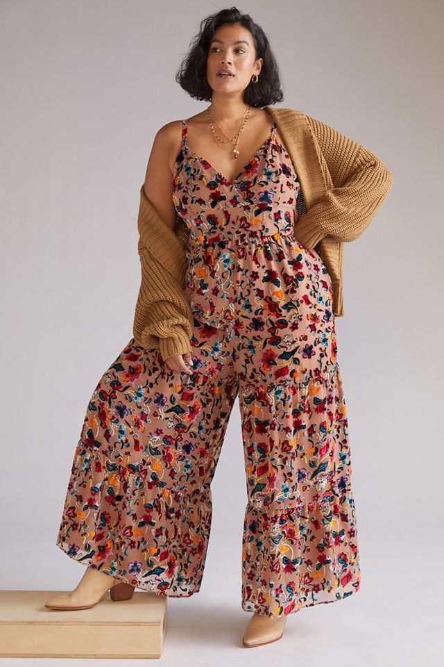 Flounced Floral Burnout Velvet Jumpsuit #3
