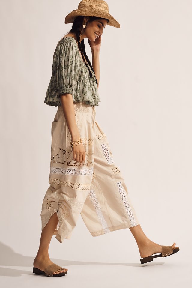 By Anthropologie Lace Ruched Crop Wide-Leg Pants #3