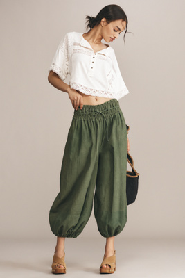 By Anthropologie Cotton Linen Utility Balloon Pants In Green