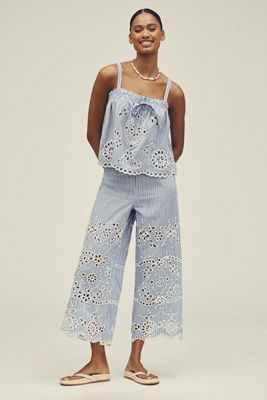 Eyelet-Stripe Wide-Leg Pants