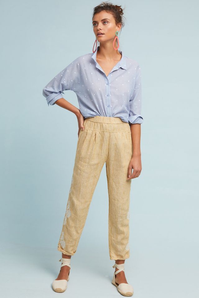 Embroidered Linen Pants | Anthropologie