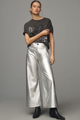 The Ettie High-Rise Crop Wide-Leg Trousers by Maeve: Metallic Faux-Leather Edition 