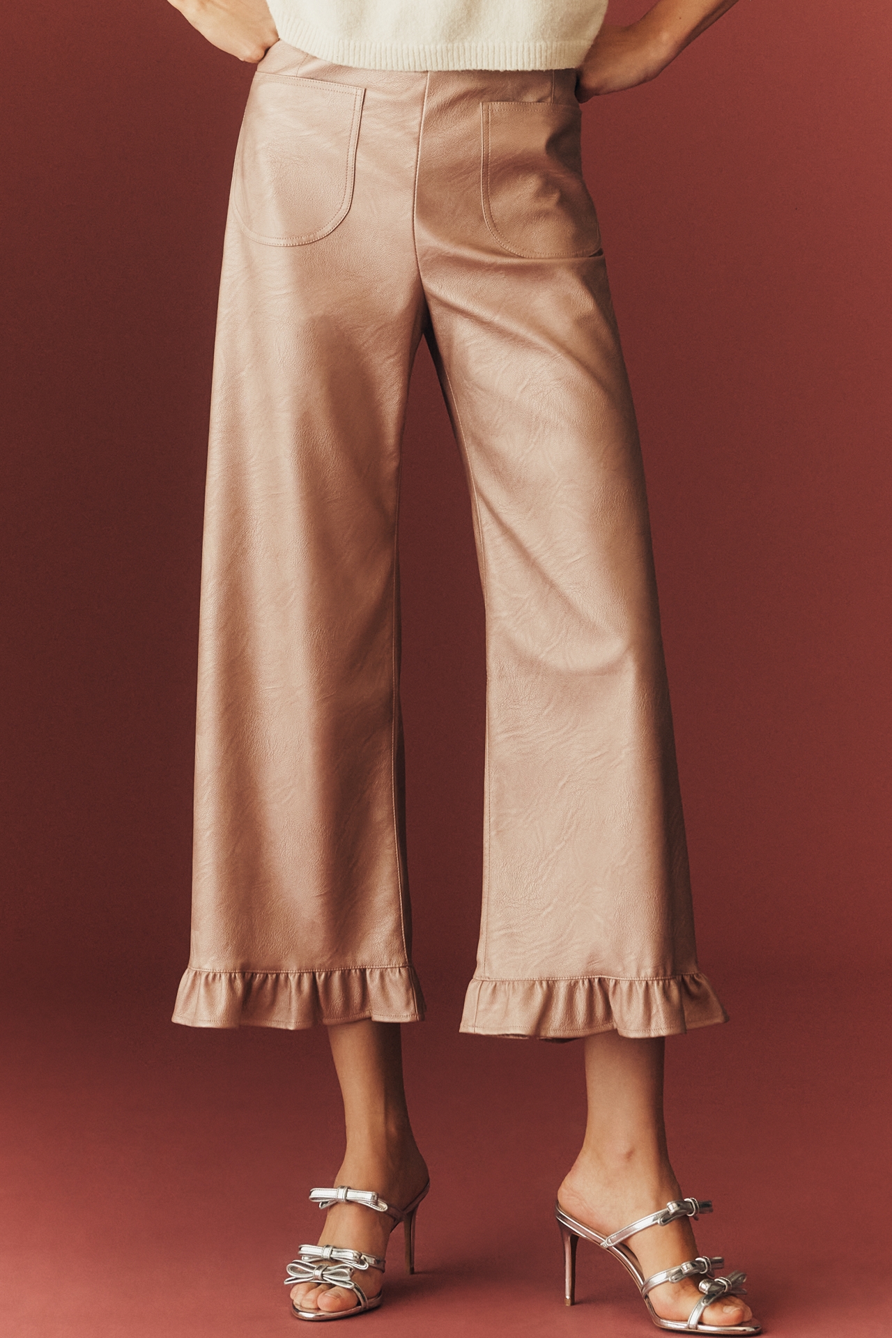 The Colette Crop Metallic Faux Leather Ruffle-Hem Pants by Maeve