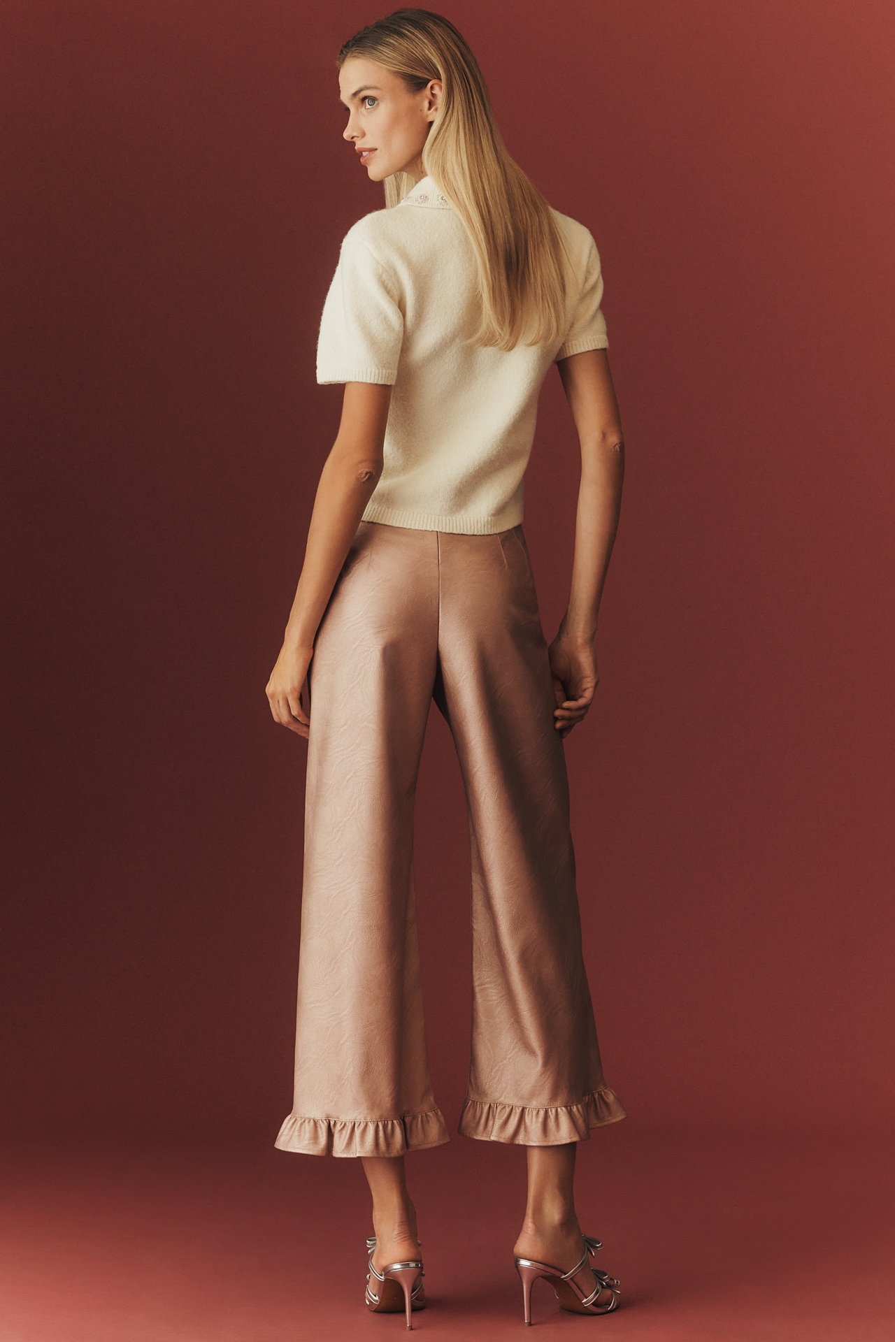 The Colette Crop Metallic Faux Leather Ruffle-Hem Pants by Maeve