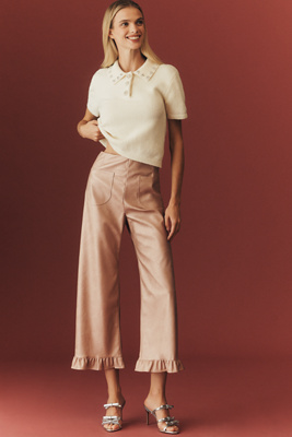 Maeve The Colette Crop Metallic Faux-leather Ruffle-hem Trousers By  In Neutral