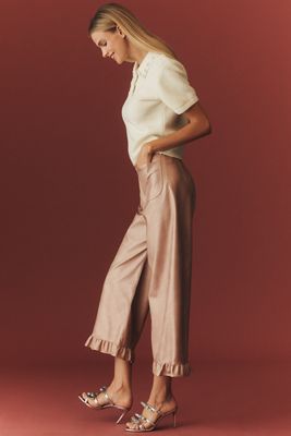 The Colette Crop Metallic Faux Leather Ruffle-Hem Pants by Maeve