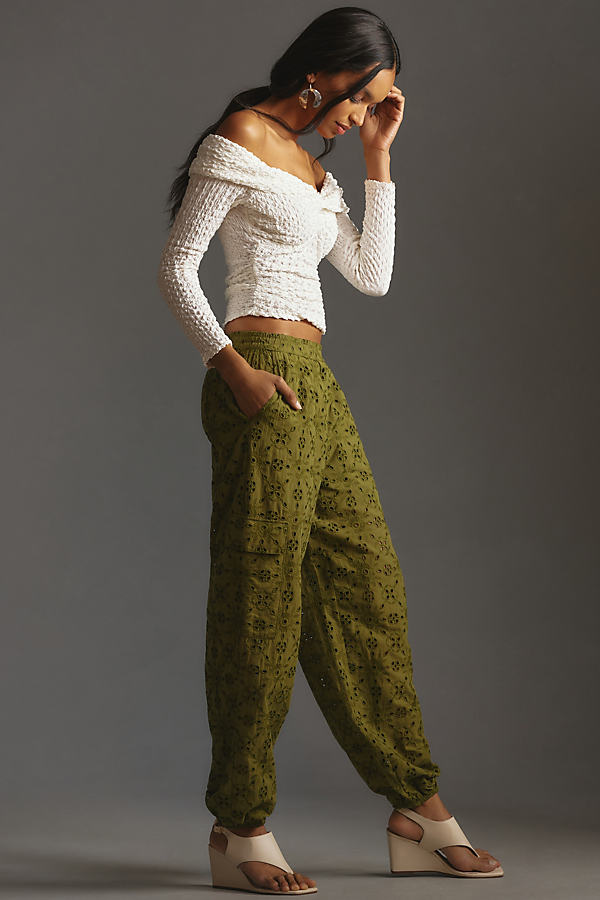 By Anthropologie Eyelet Cargo Joggers Pants In Green