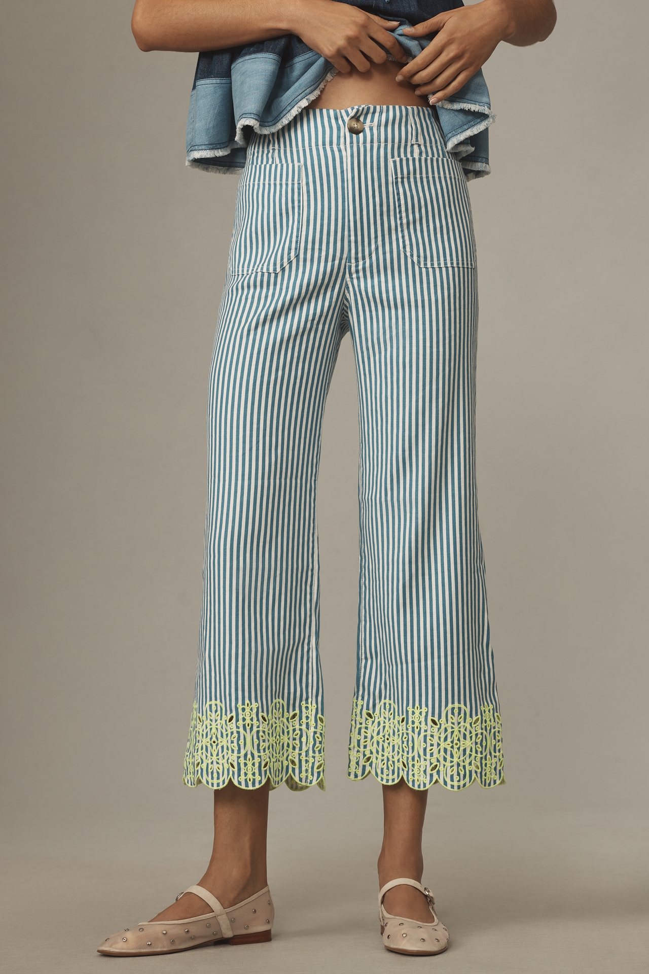 The Colette Cropped Wide-Leg Pants by Maeve: Embroidered Linen Edition