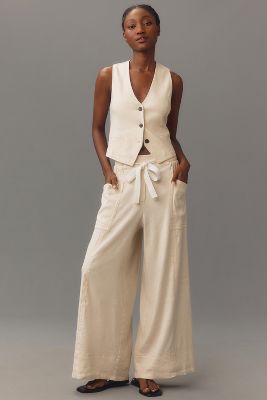 Shop Maeve La Ponche Linen Pull-on Wide-leg Pants In White