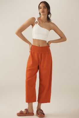 PILCRO THE REESE SMOCKED PULL-ON BARREL PANTS BY PILCRO: LINEN BLEND EDITION 
