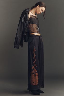 By Anthropologie Floral Flocked Wide-Leg Pants