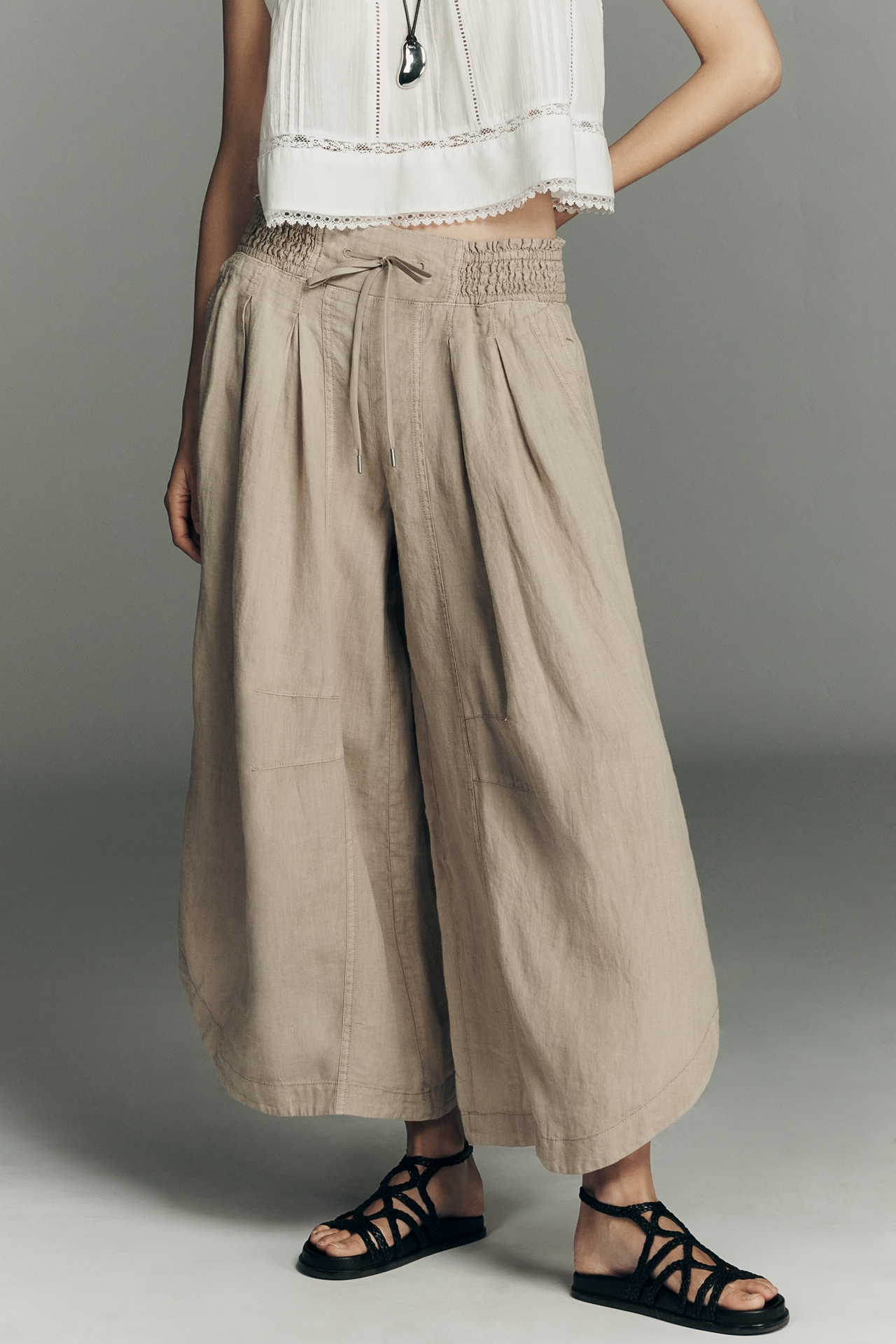 By Anthropologie Ruched Linen Parachute Pants