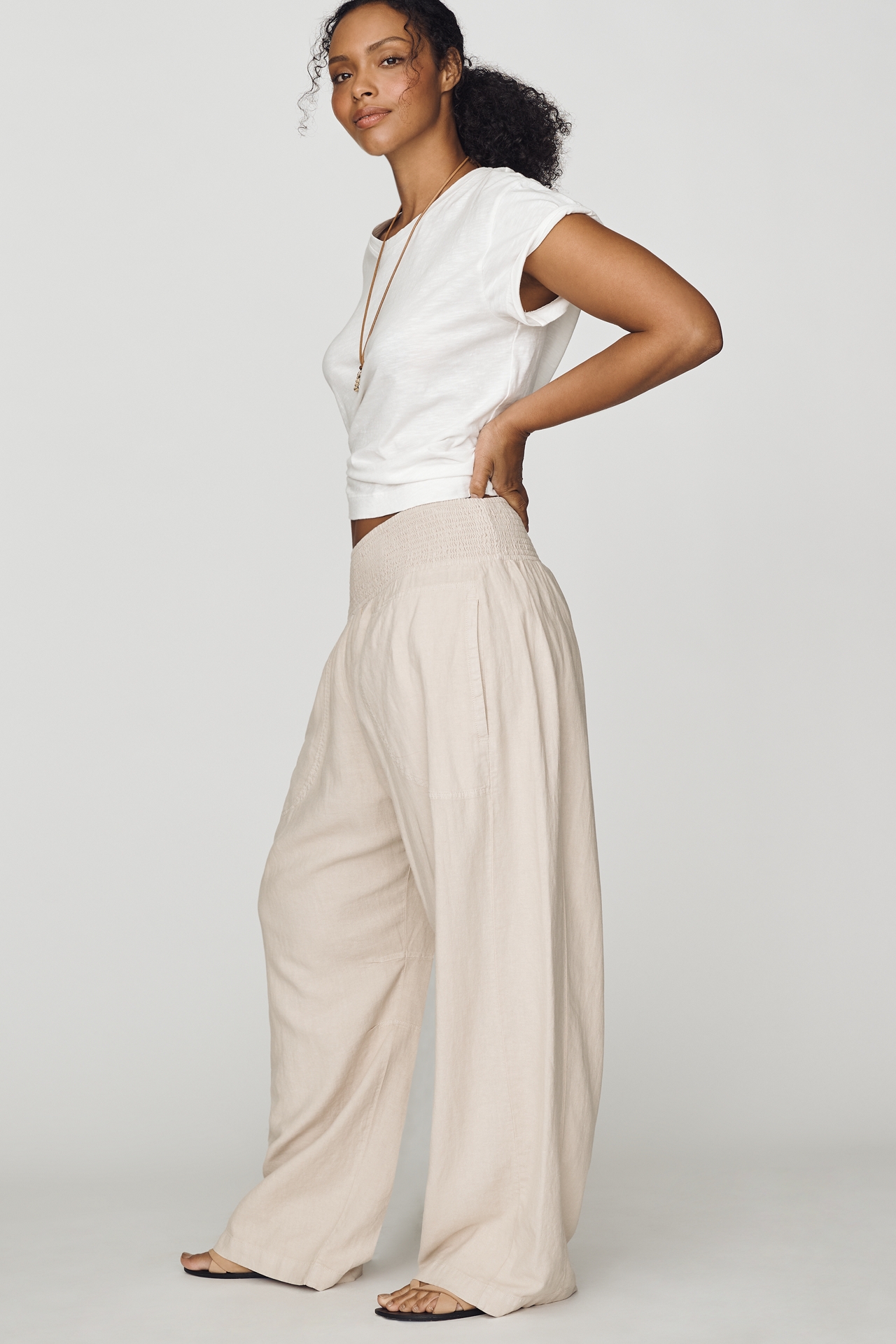 Pilcro Reese Smocked Full-Length Barrel-Leg Pants