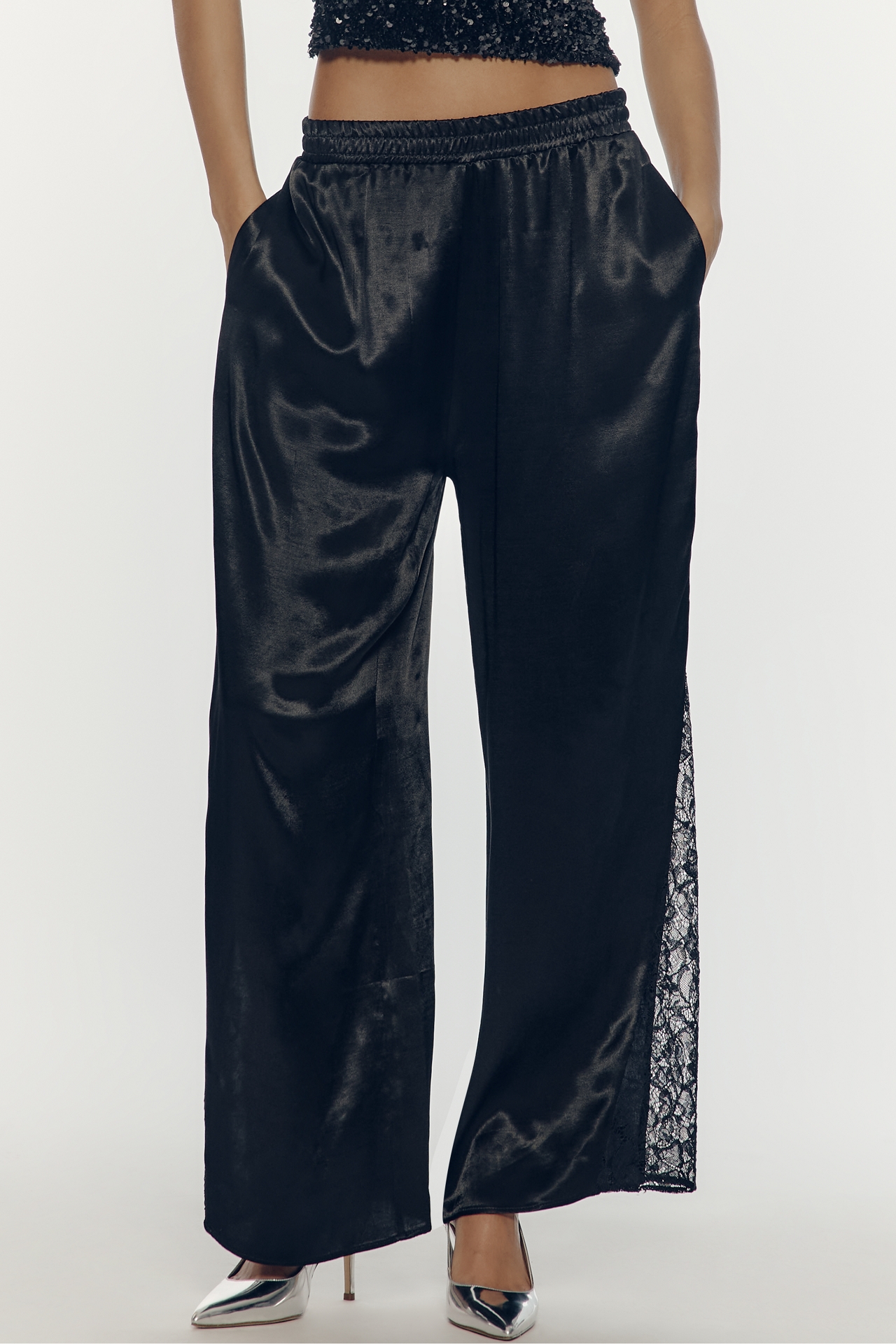 By Anthropologie Lace Insert Wide-Leg Pull-On Satin Pants