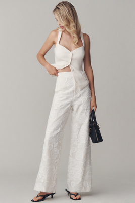 Endless Rose Floral Embroidered High-rise Wide-leg Pants In White