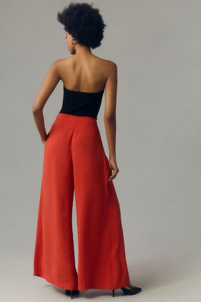 Gremora - Fold Over High Rise Plain Pleated Wide Leg Pants