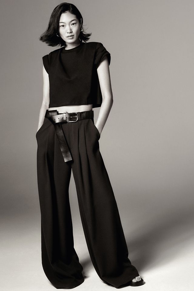 Black wide clearance leg pleated trousers