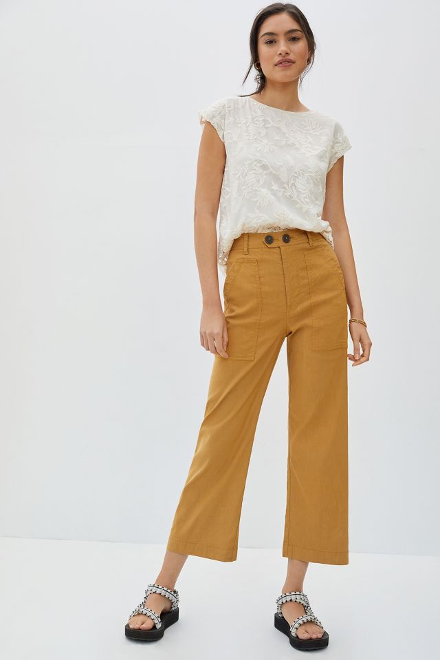 Anthropologie Womens Wide Leg Flare Pants Cropped Oceanside Olive