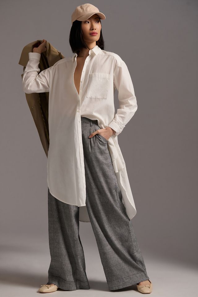 White Linen Look Wide Leg Low Rise Pants