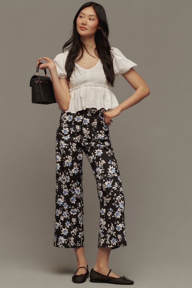 White Floral Print Wide Leg Linen Pant