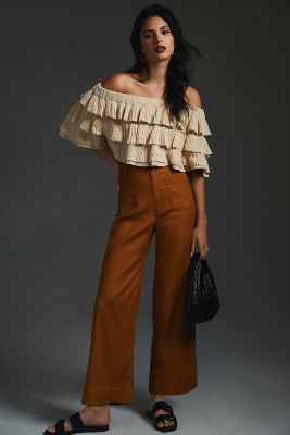Maeve The Colette Linen Cropped Wide-leg Pants In Brown