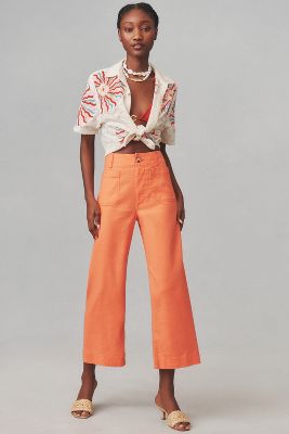 Shop Maeve The Colette Cropped Wide-leg Pants By : Linen Edition In Orange
