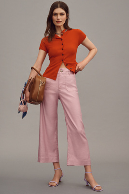 Shop Maeve The Colette Cropped Wide-leg Pants By : Linen Edition In Pink