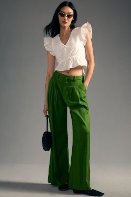 Maeve The Avery Pleated Wide-leg Linen Trousers In Green