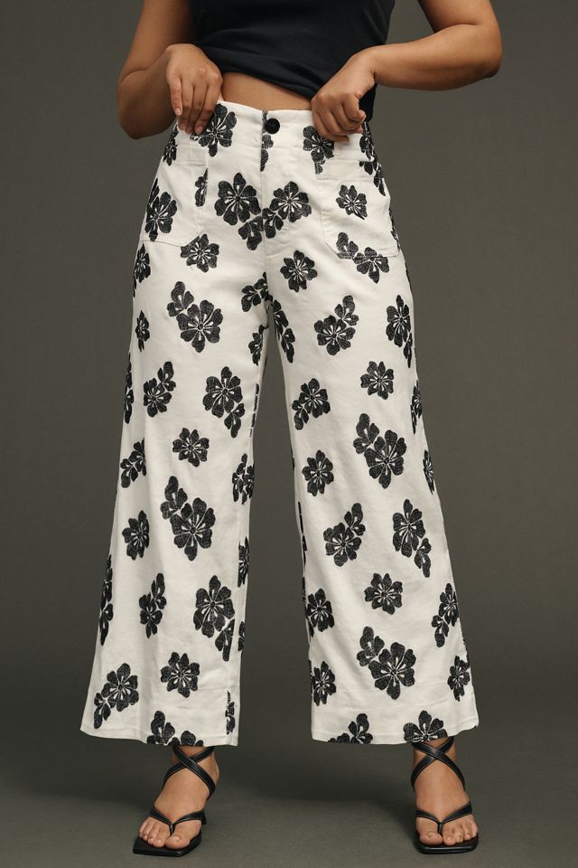 The Colette Cropped Wide-Leg Embroidered Pants by Maeve