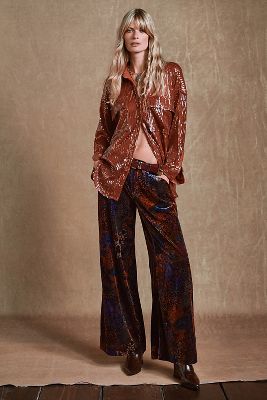 By Anthropologie Wide-Leg Printed Velvet Trousers Pants